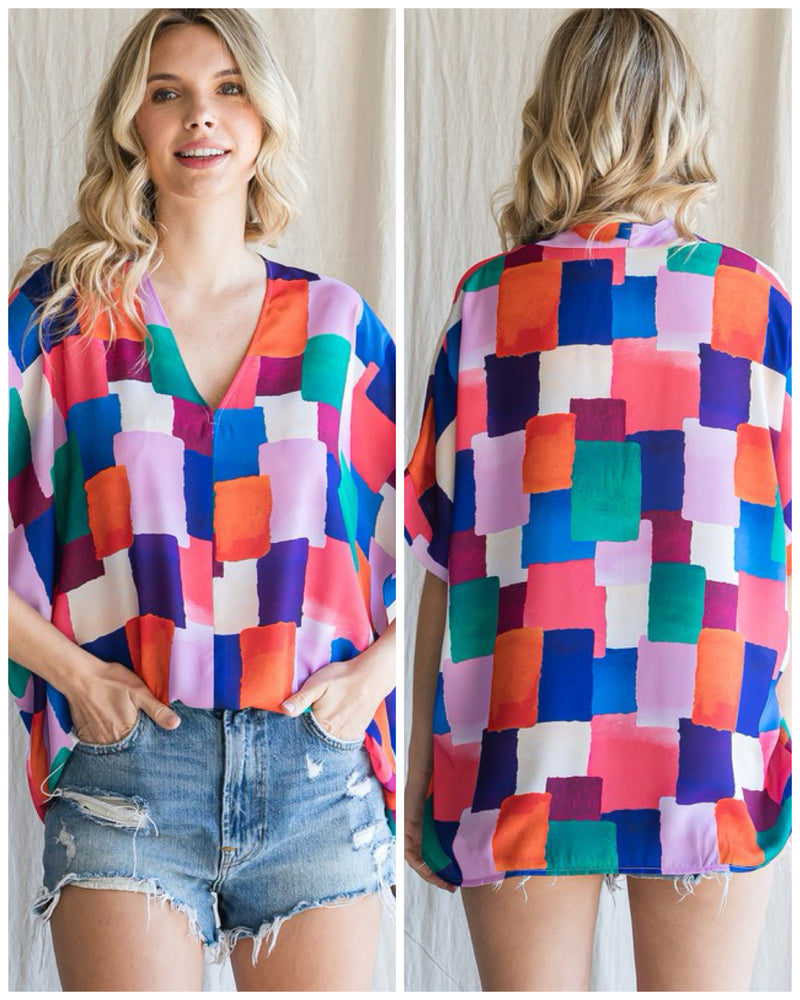 Colorful V Neck Blouse With Sleeves