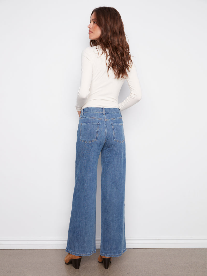 Charlie B Wide Leg Blue Denim Jean With Slash Pockets