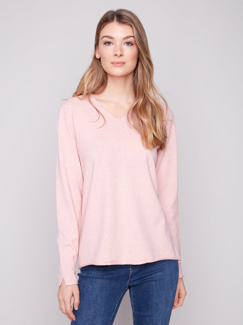 Charlie B Light Weight V Neck Sweater Ballet Pink