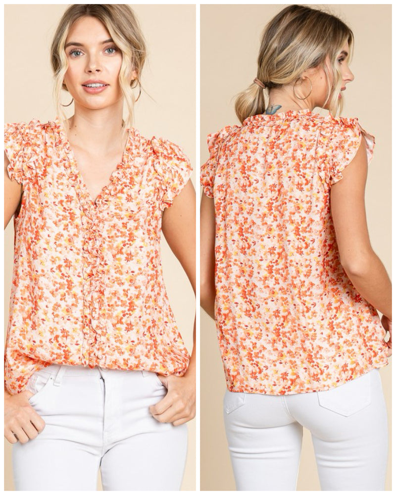 Light Weight Printed Blouse With Ruffle Detail Orange