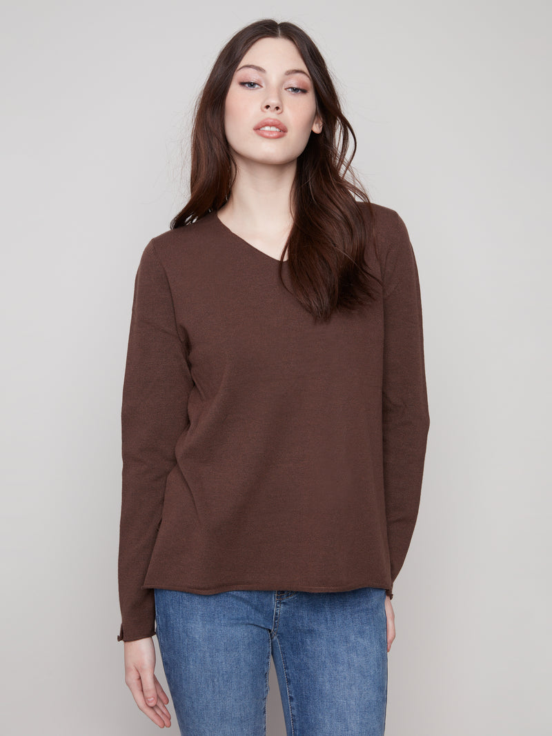 Charlie B Mocha V Neck Light Weight Knit Sweater
