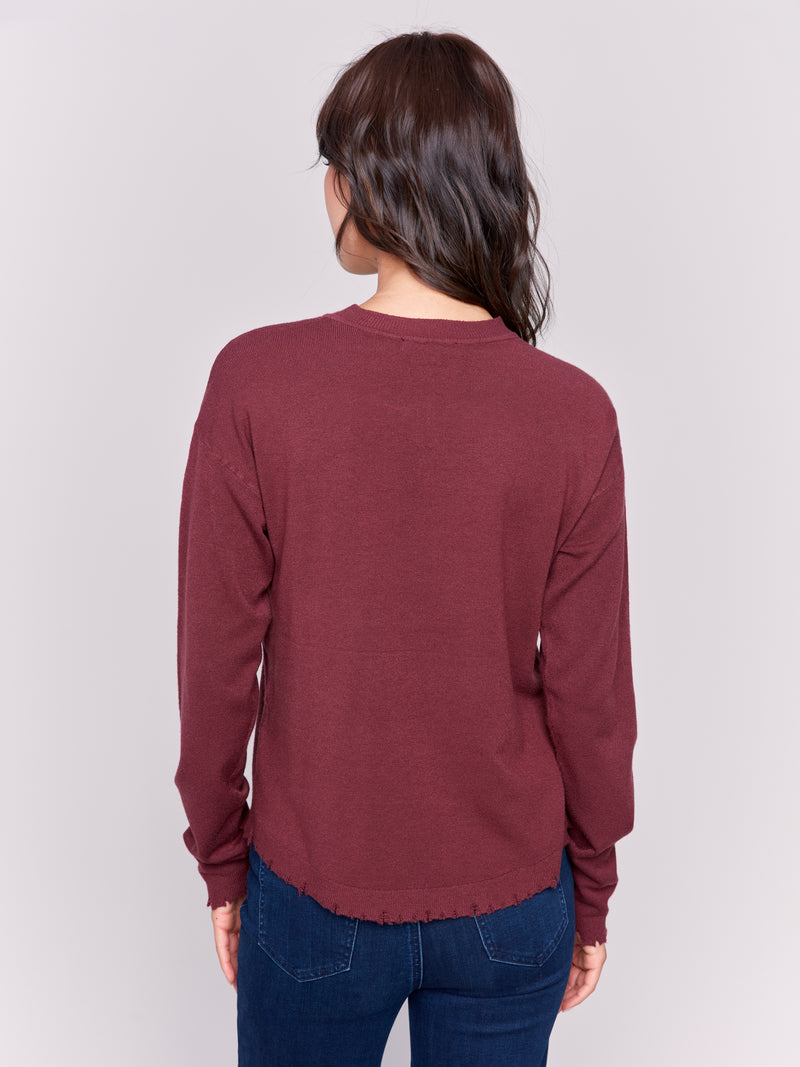 Charlie B Soft Sweater With Distressed Hem Cabernet