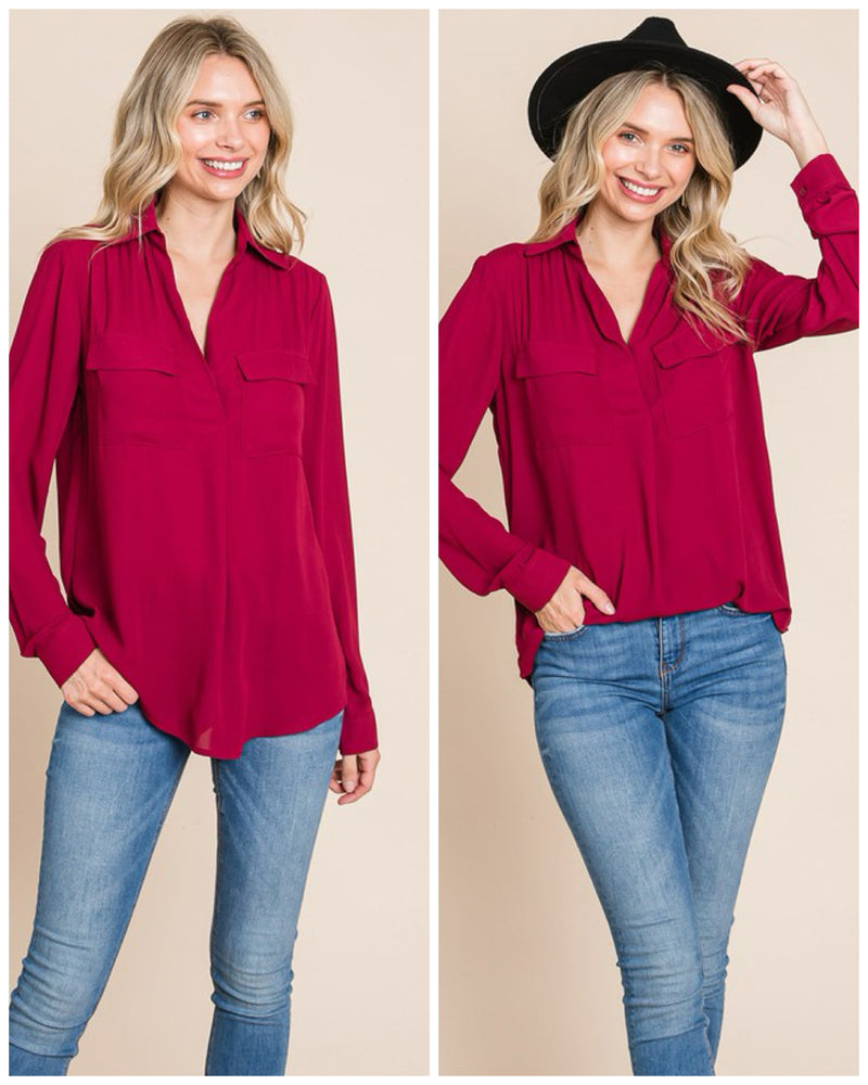 Burgundy V Neck Blouse