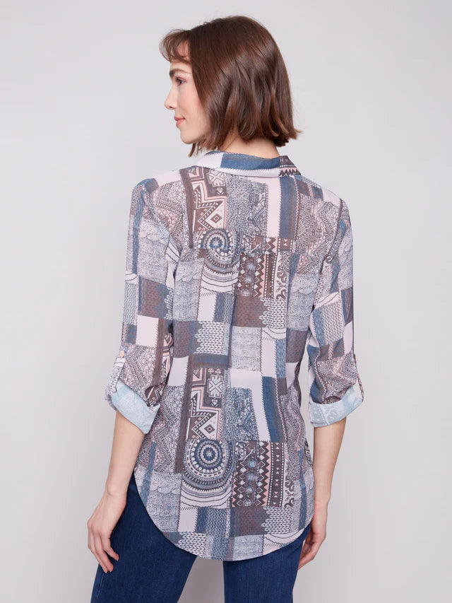 Charlie B Front Tie Blouse Patchwork
