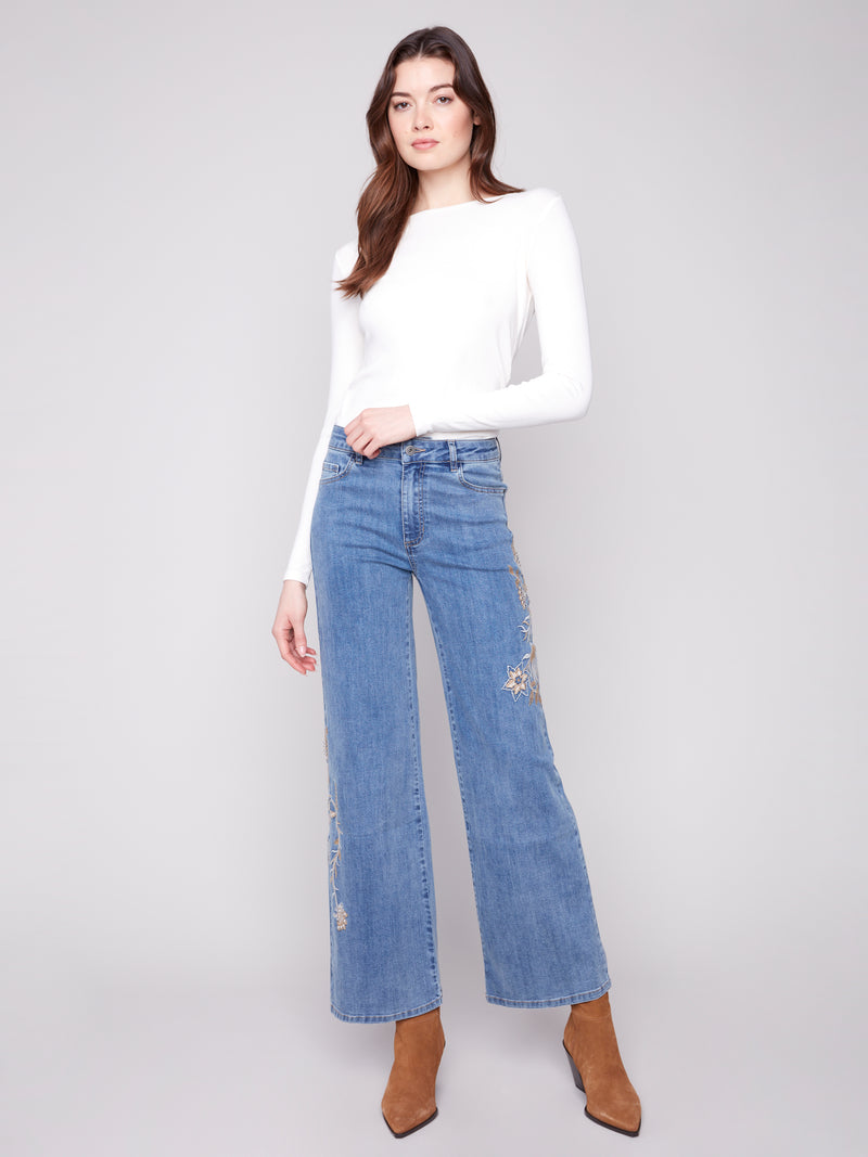 Charlie B Flower And Sequin Wide Leg Jeans