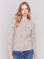 Charlie B Almond Sweater With Embroidered Flowers