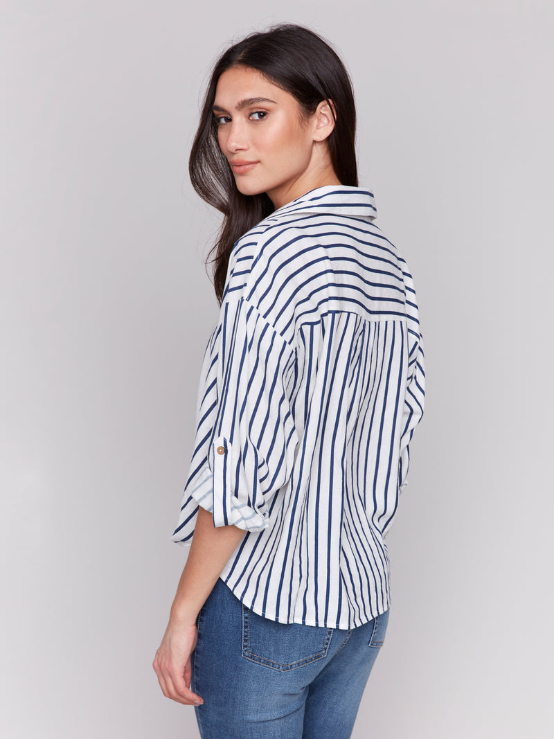 Charlie B Blue Vertical Striped Blouse With Front Bunch