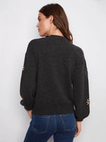 Charlie B Mock Neck Charcoal Sweater With Embroidery