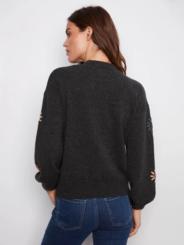 Charlie B Mock Neck Charcoal Sweater With Embroidery