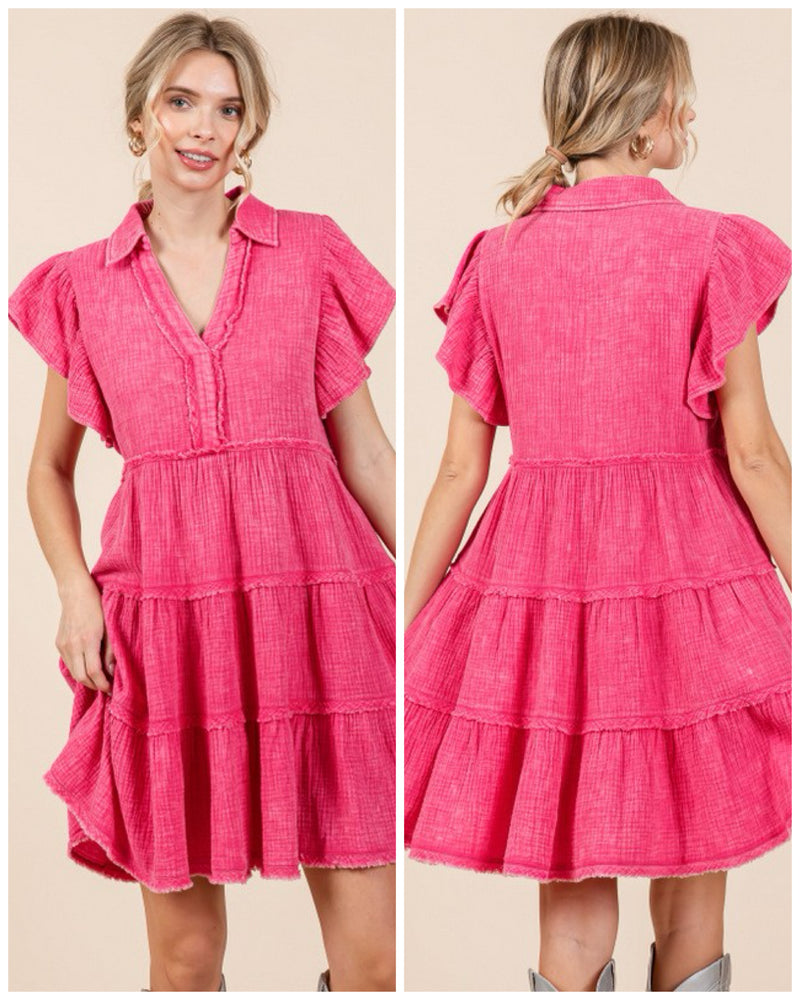 Washed Cotton Babydoll Dress Pink