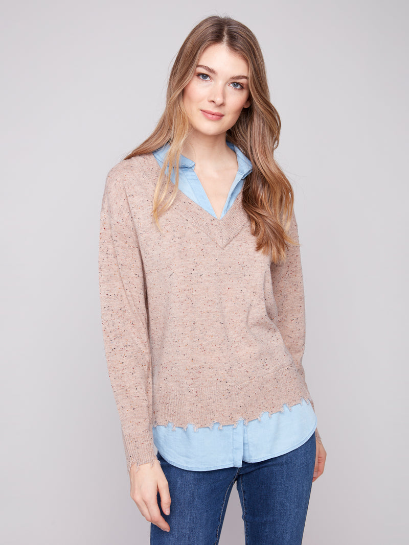 Charlie B Faux Layered Sweater With Tencel Oat Fleck