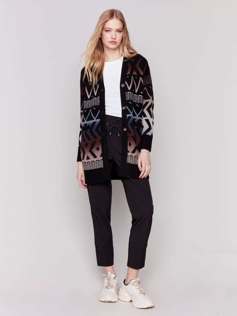 Charlie B Aztec Print Button Up Cardigan Black