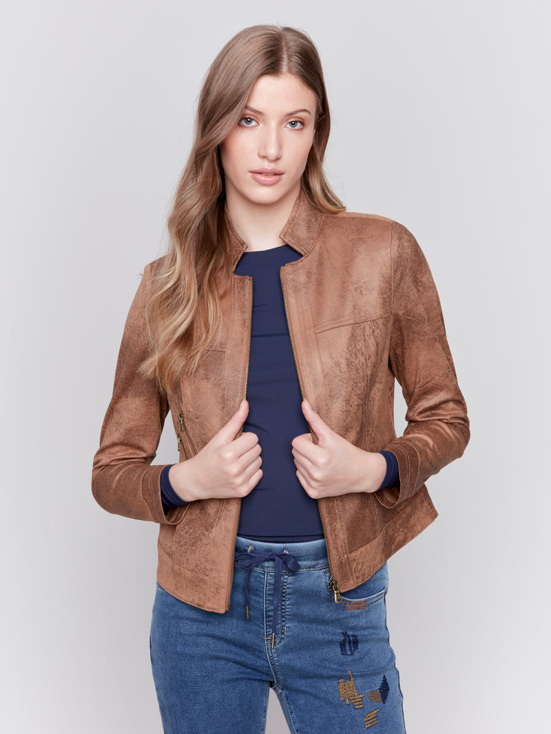 Charlie B Faux Suede Zip Up Jacket Truffle