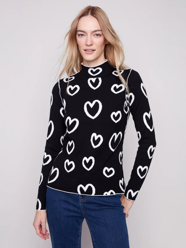 Charlie B Reversible Mock Neck Heart Sweater