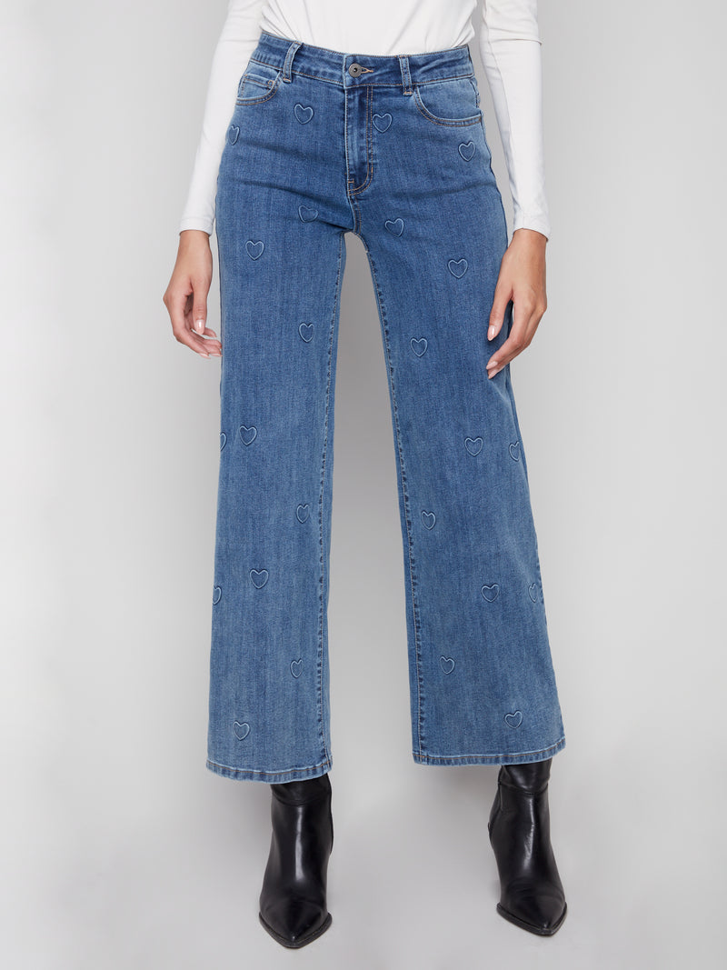 Charlie B Wide Leg Embossed Heart Denim Blue Jeans