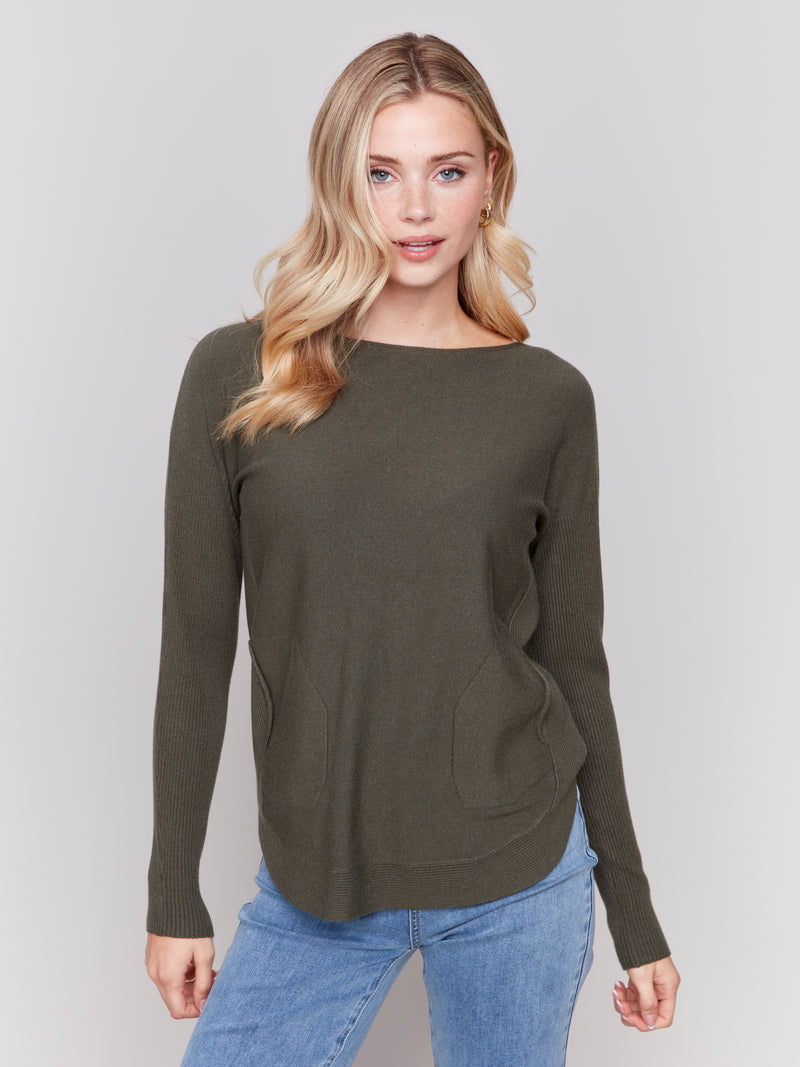 Charlie B Light Weight Sweater With Front Pockets And Eyelt Back Detail Spruce