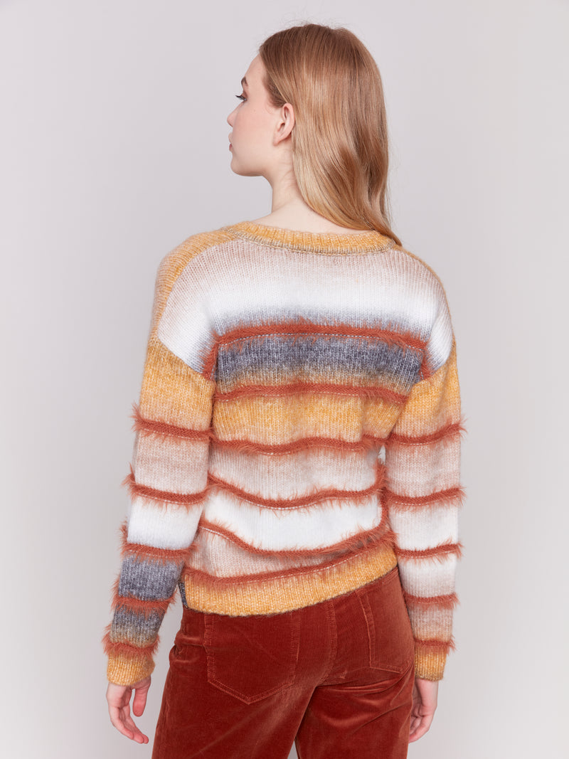 Charlie B Knit V Neck Striped Sweater Amber