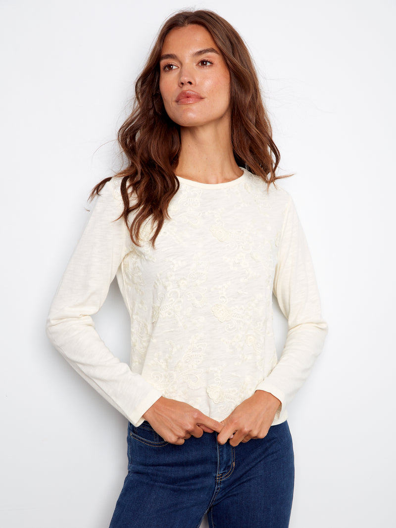 Charlie B Ecru Long Sleeve Embroidered Top