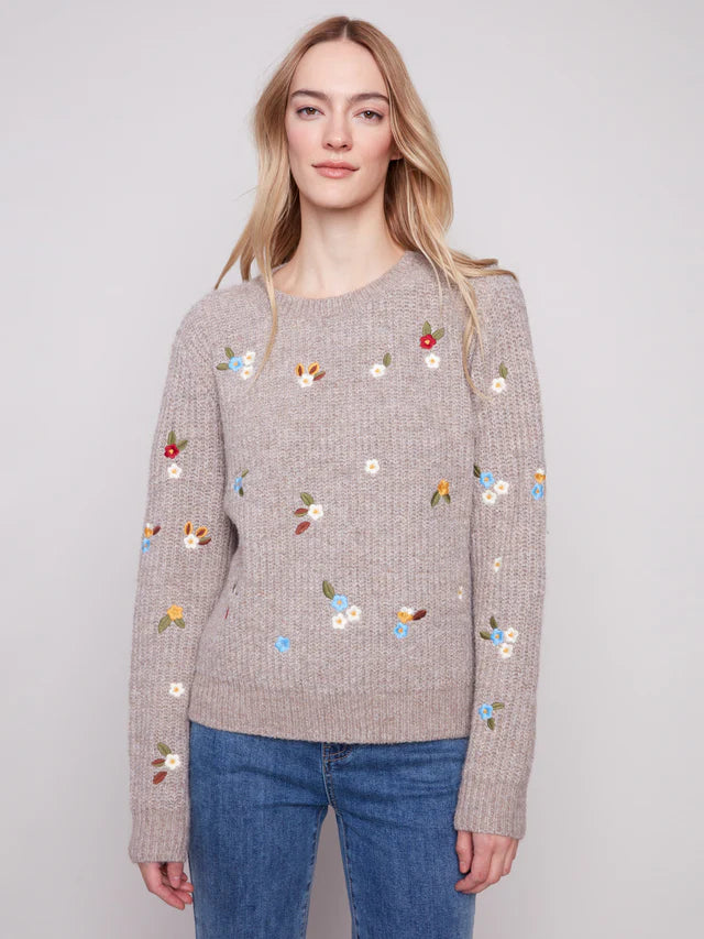Charlie B Light Brown Sweater With Flower Embroidery
