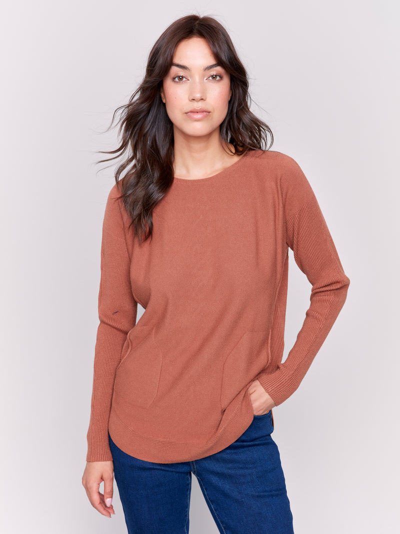 Charlie B Light Weight Sweater With Front Pockets And Back Eyelet Detail Terracotta