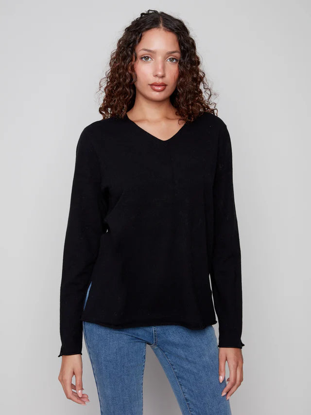 Charlie B Light Weight V Neck Sweater Black