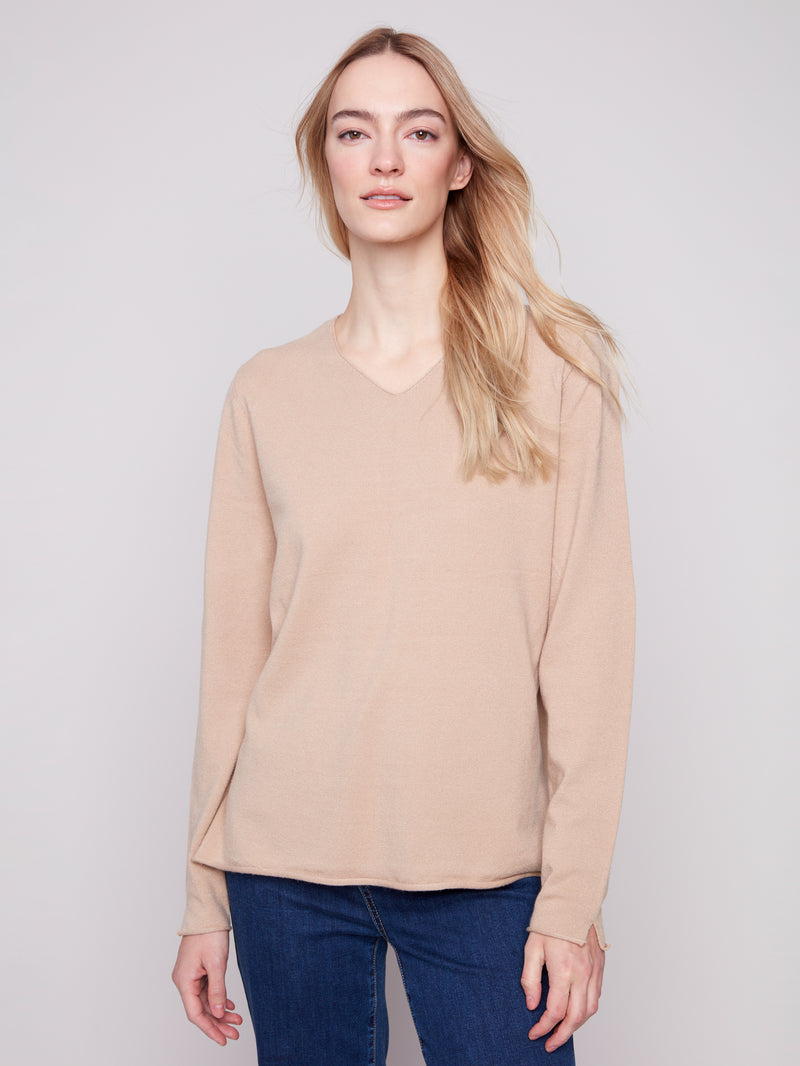 Charlie B Light Weight V Neck Sweater Sesame