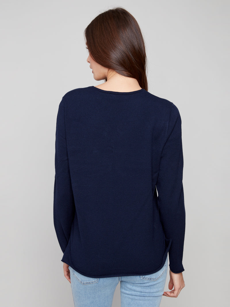 Charlie B Navy V Neck Light Weight Knit Sweater
