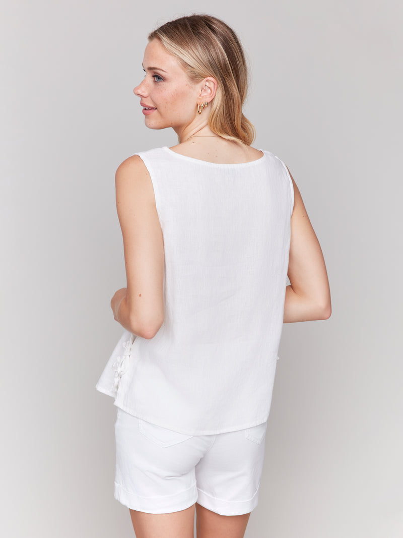 Charlie B Linen Tank Top With Side Bows White