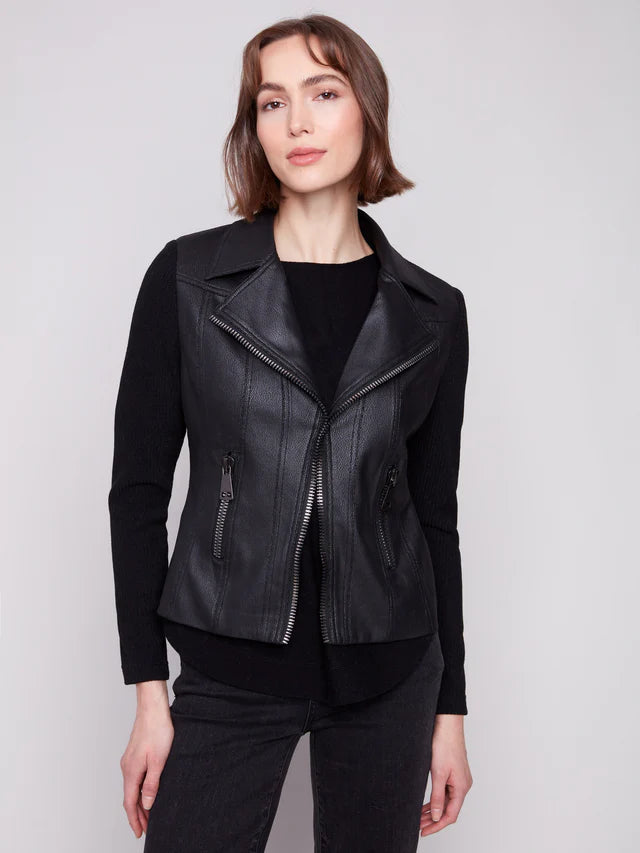 Charlie B Black Faux Suede Jacket With Ribbed Sleeves