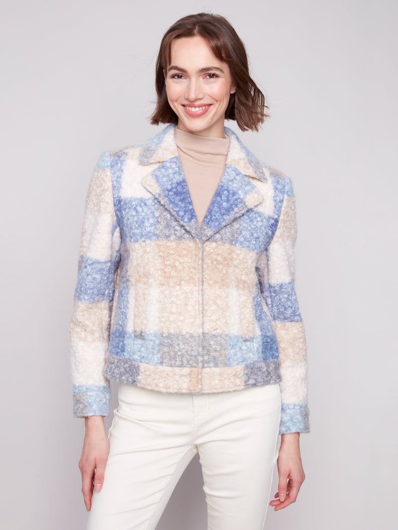 Charlie B Blue/Taupe Plaid Short Jacket