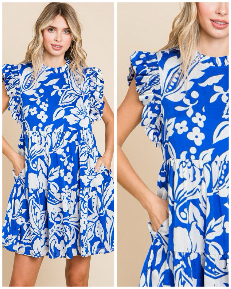 Floral Blue Dress With High Neck And Pockets