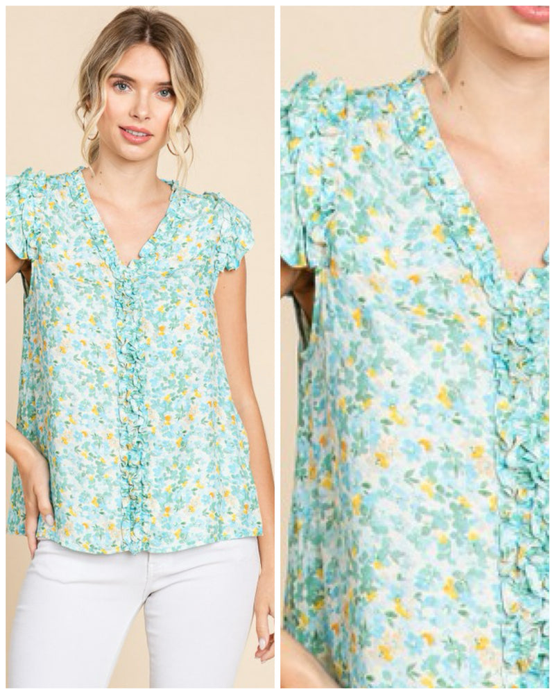 Light Weight Printed Blouse With Ruffle Detail Green