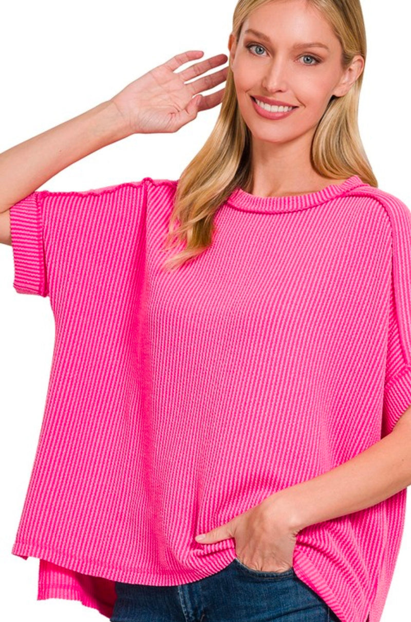 Ribbed Crew Neck Tee Fuchsia