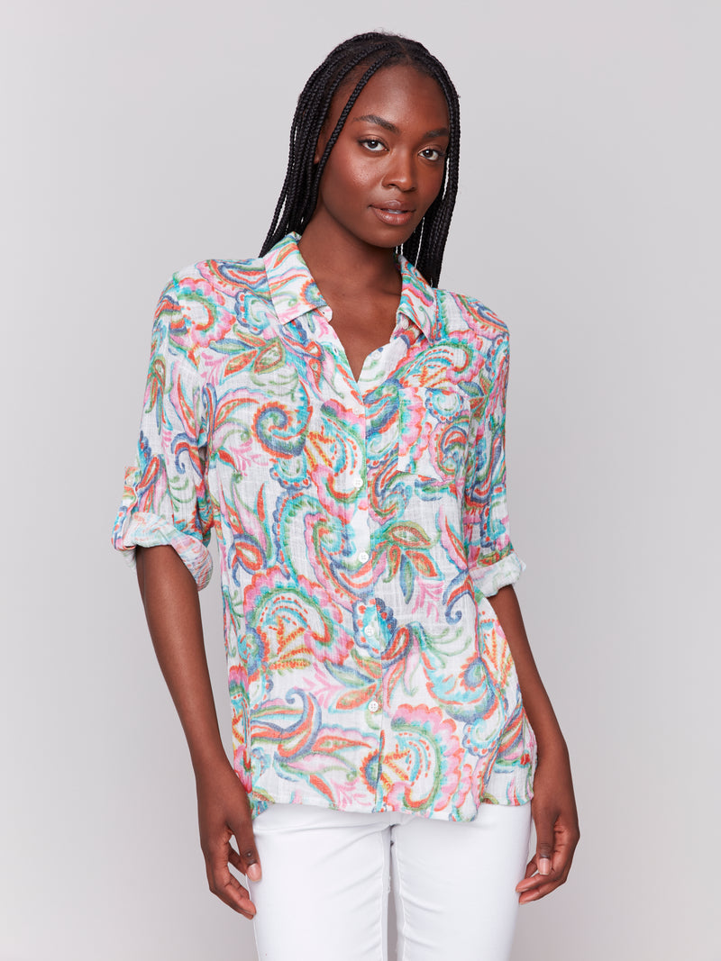 Charllie B Canrival Print 3/4 Sleeve Linen Blouse