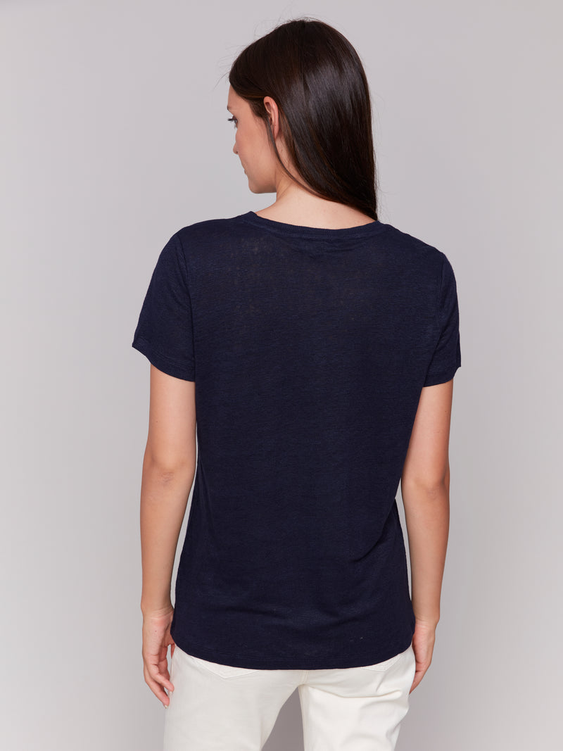 Charlie B Navy V Neck Embrodiered Tee