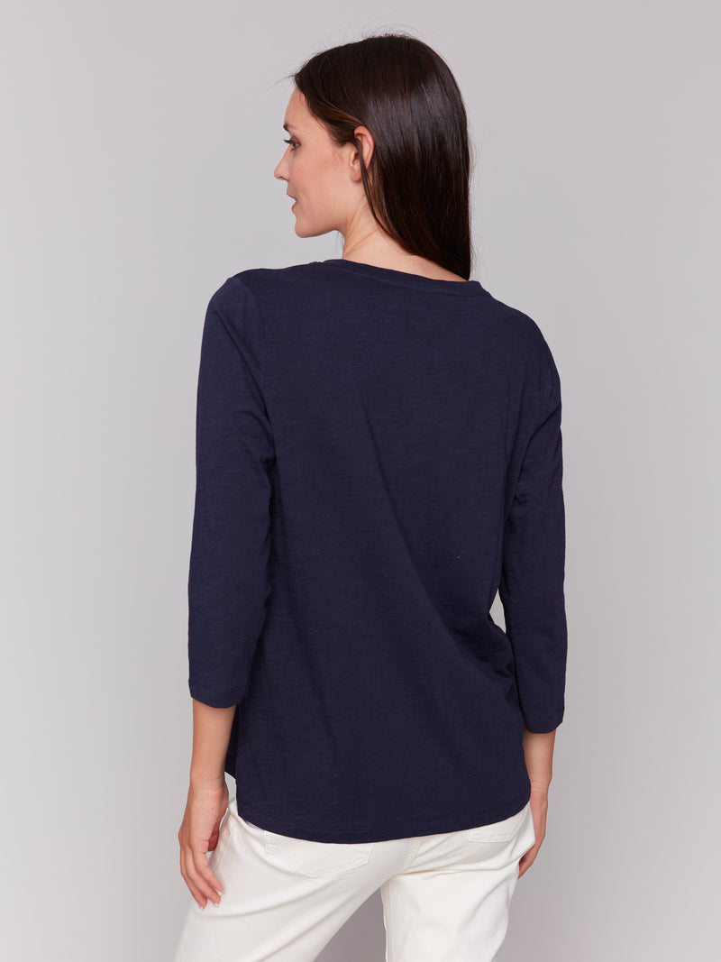 Charlie B Navy 3/4 Sleeve Top With Front Hem