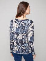Charlie B Chic Print V Neck Light Weight V Neck Knit Sweater