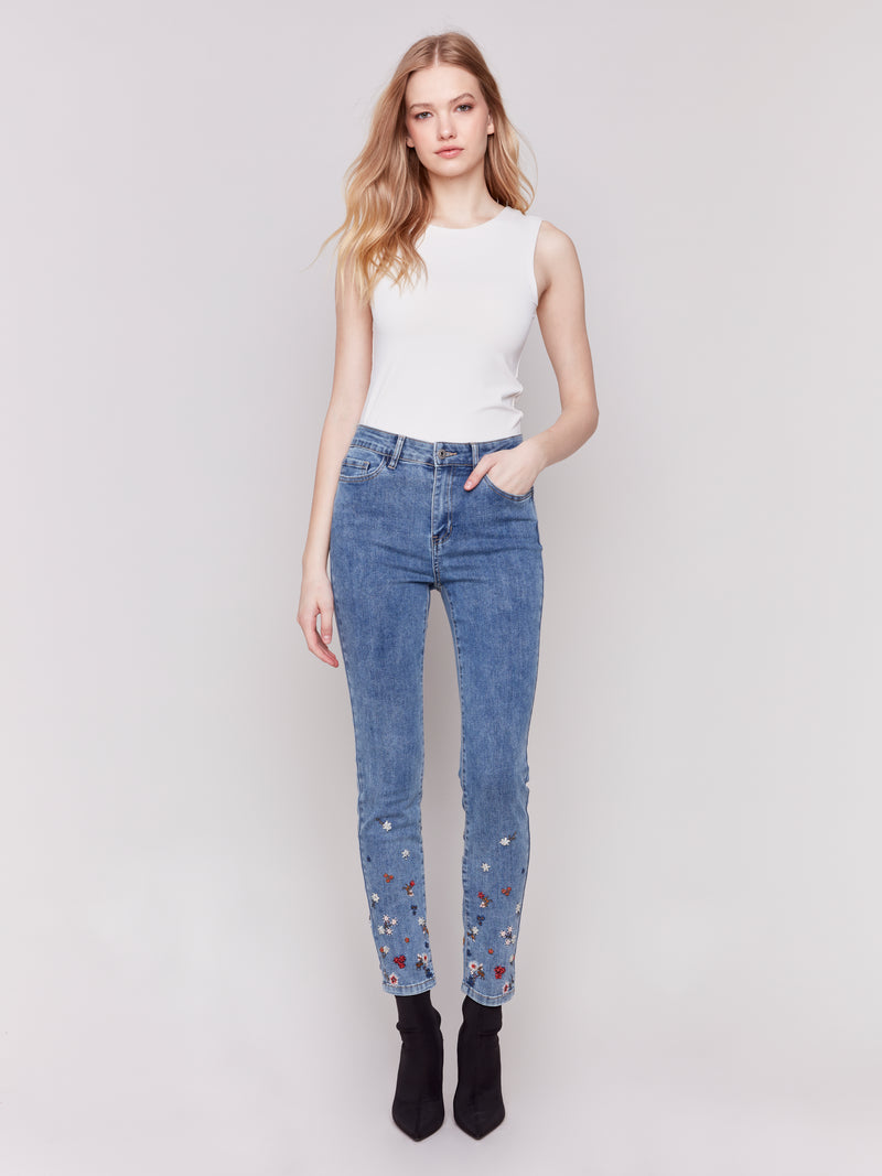 Charlie B Slim Jean With Embroided Pearl Detail