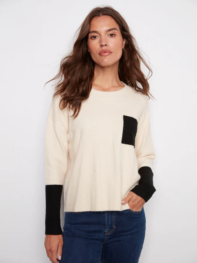 Charlie B White With Black Pocket/Sleeves Sweater