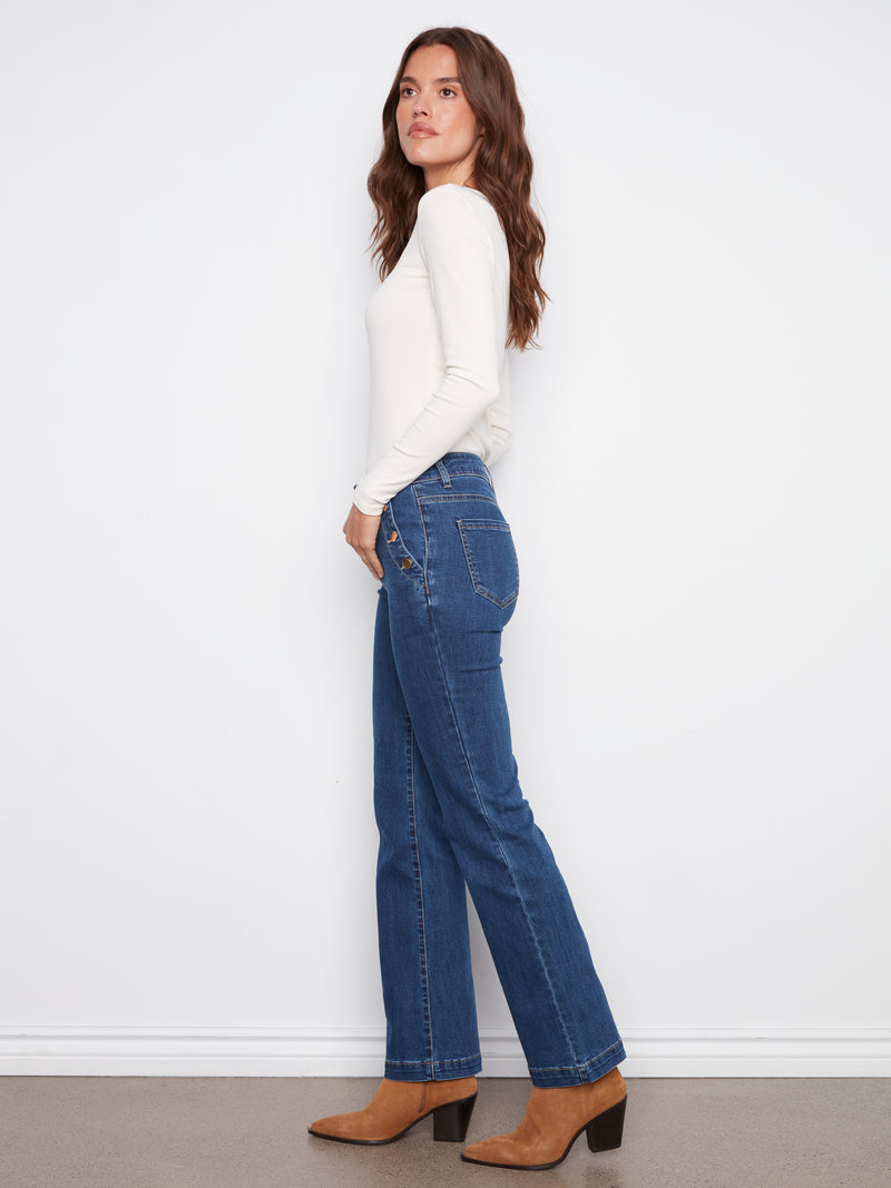 Charlie B Indigo Flare Jean With Pocket Button Detail