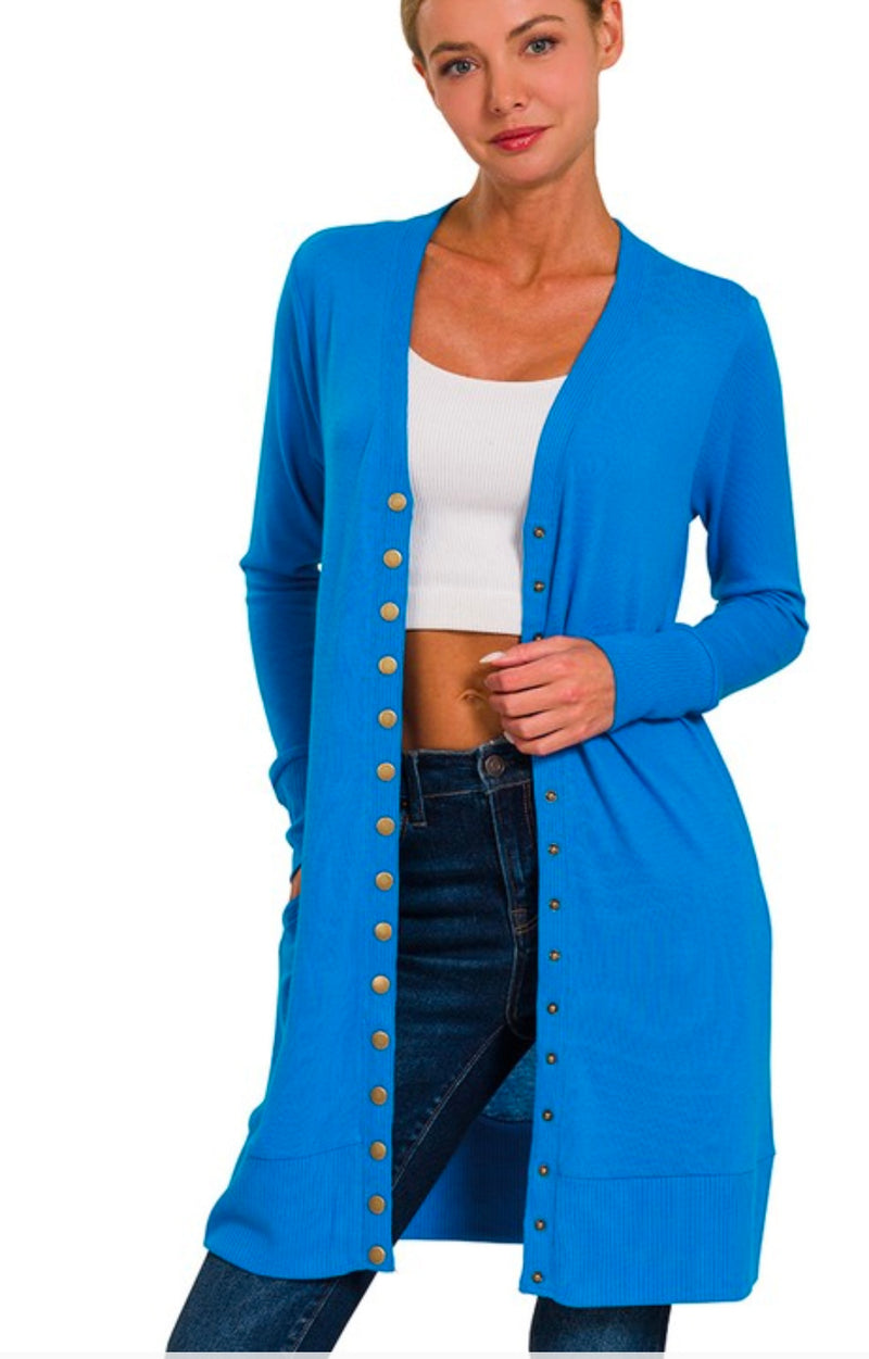 Long Snap Up Cardigan Super Soft Ocean Blue