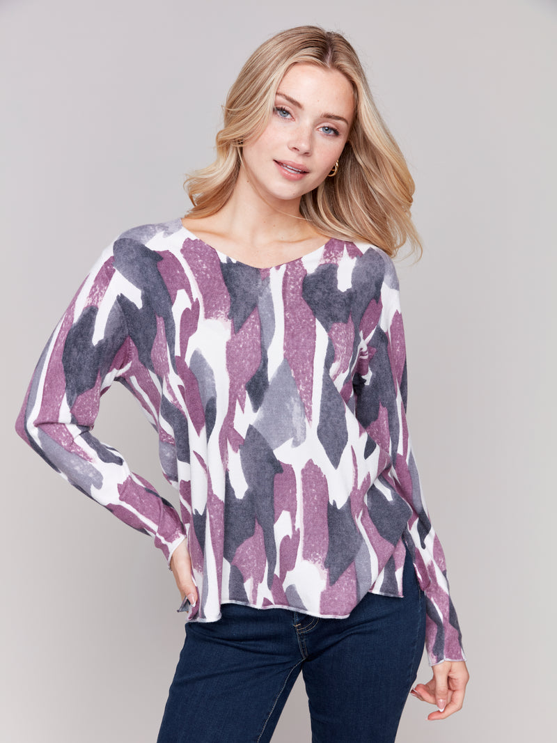 Charlei B Purple/Grey Print V Neck Soft Sweater