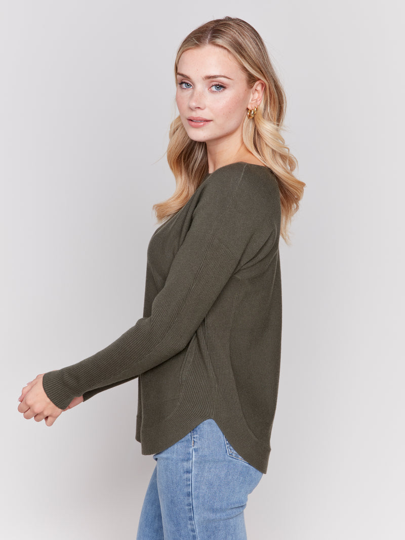 Charlie B Light Weight Sweater With Front Pockets And Eyelt Back Detail Spruce