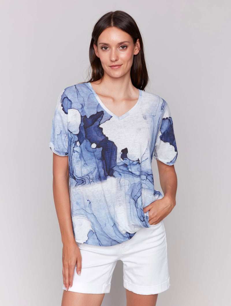 Charlie B Linen Blue Watercolour Short Sleeve Top