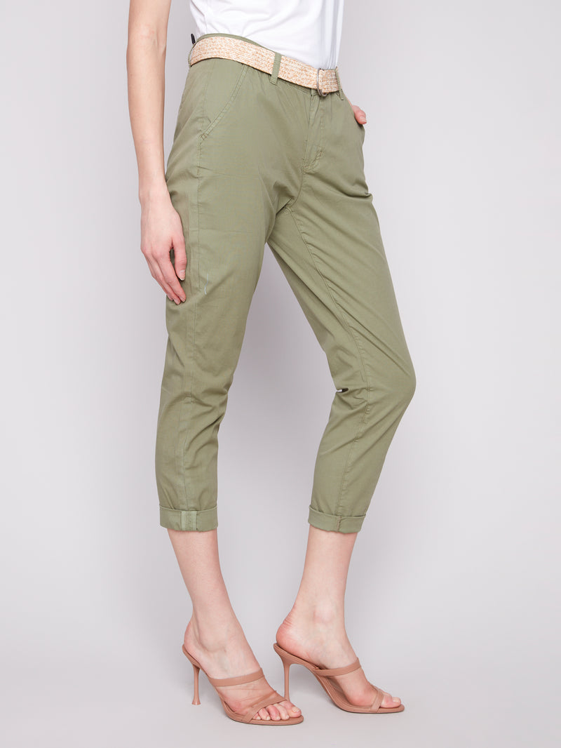 Charlie B Celadon Slim Leg Pant With Belt