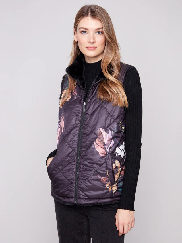 Charlie B Black/Printed Flower Reversible Vest