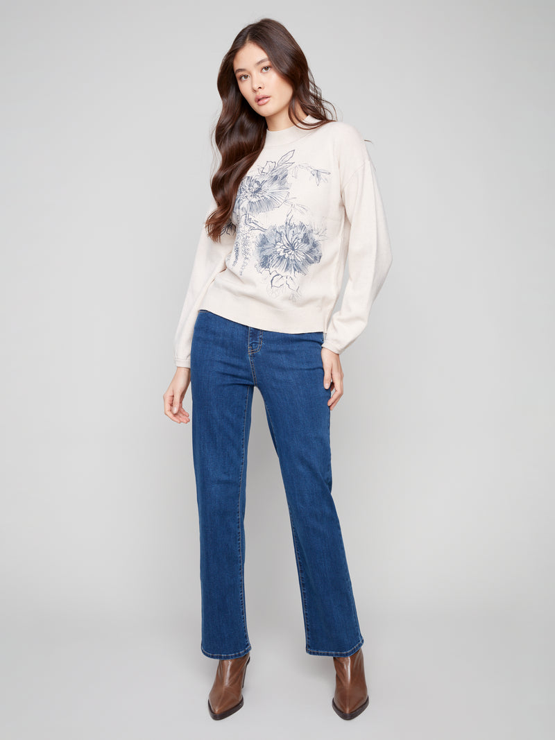 Charlie B Mock Neck Oatmeal Sweater With Navy Flower Print