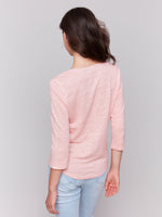 Charlie B Sparkle V Neck Top 3/4 Sleeve Pink