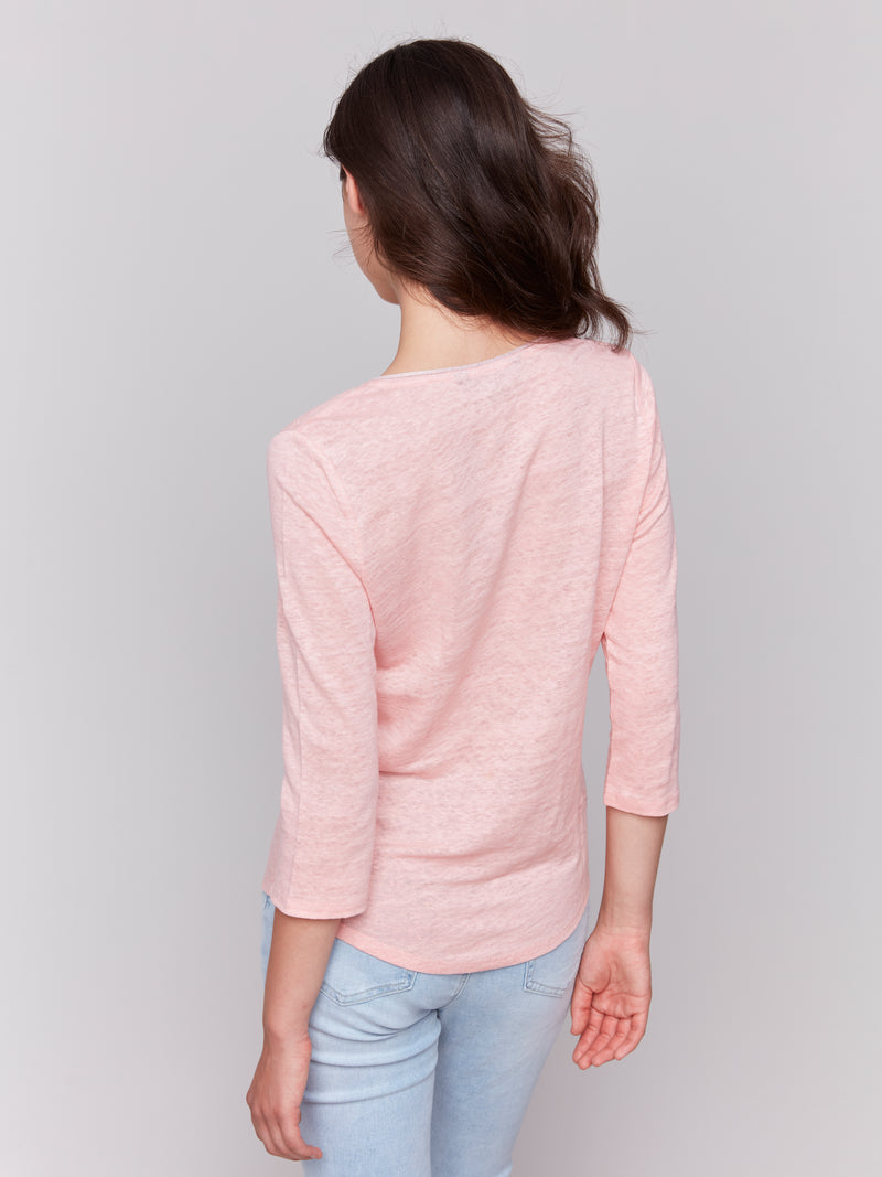 Charlie B Sparkle V Neck Top 3/4 Sleeve Pink