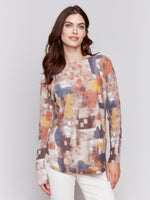 Charlie B Printed Light Weight Sweater With Ribbed Detail And Long Sleeves